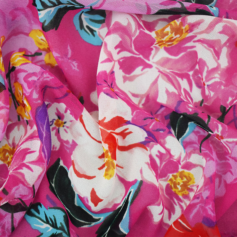 Pink-Orange-Multi Floral Printed Pebble Chiffon Woven Fabric