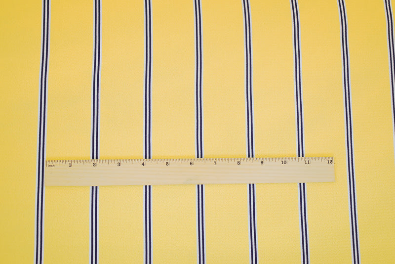 Yellow-Navy-White Stripe Printed Poly Crepe Georgette Woven Fabric