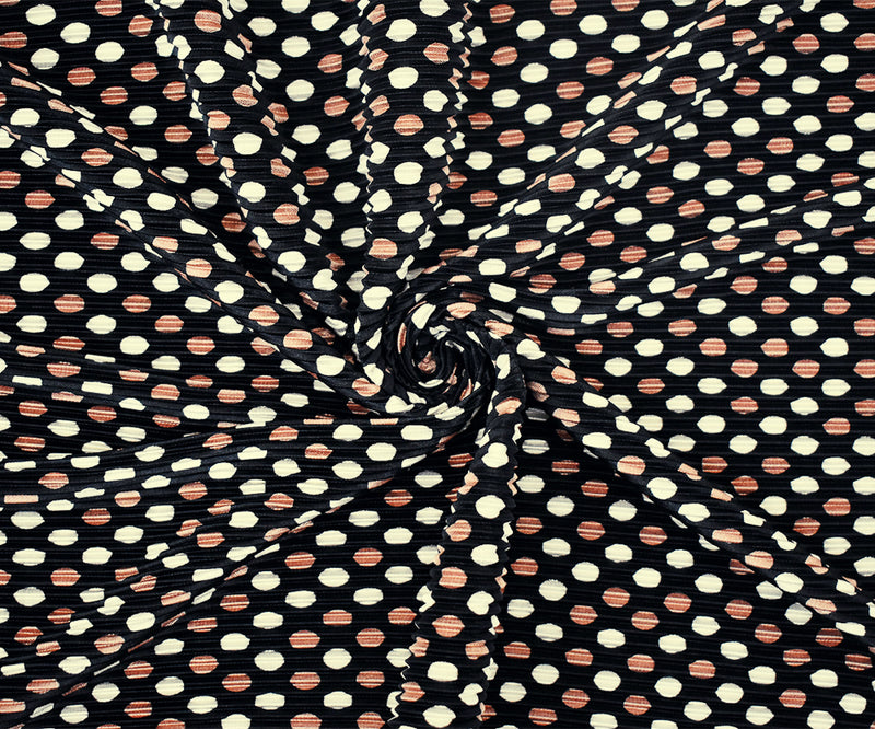 Black-Copper-White Dot Printed Stretch Pressed Pleated Satin Knit Fabric