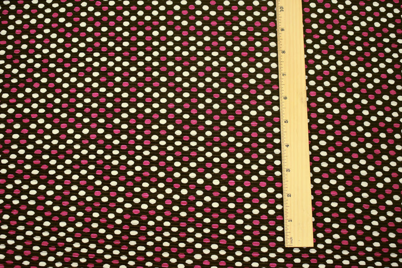 Brown-Pink-White Dot Printed Stretch Poly Pressed Pleated Satin Knit Fabric