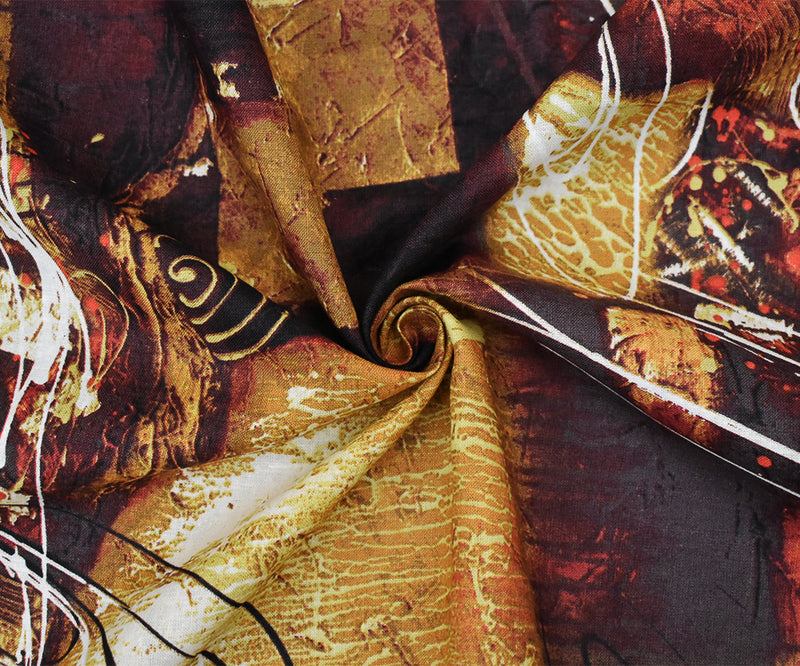 Brown-Yellow-Multi Abstract Art Printed Linen Woven Fabric