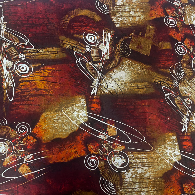 Brown-Yellow-Multi Abstract Art Printed Linen Woven Fabric
