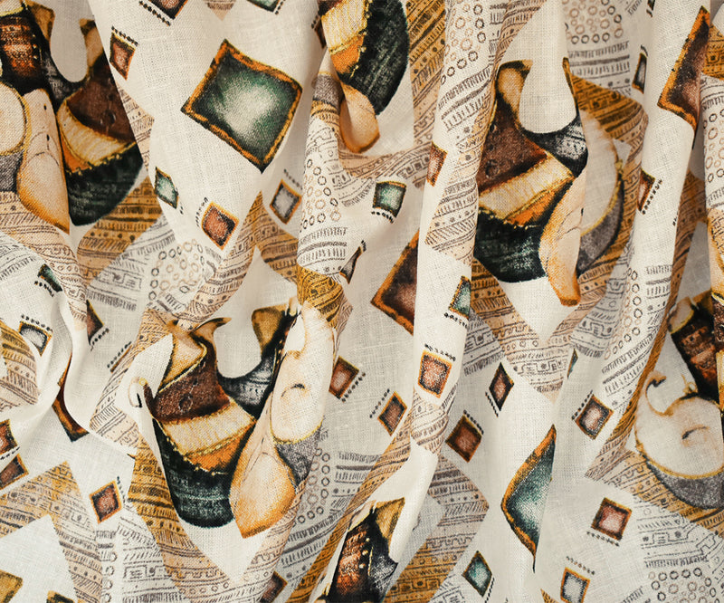 White-Yellow-Multi Elephant Diamond Pattern Printed Linen Woven Fabric