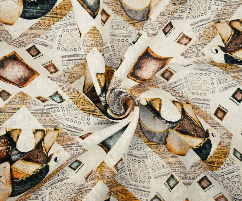 White-Yellow-Multi Elephant Diamond Pattern Printed Linen Woven Fabric