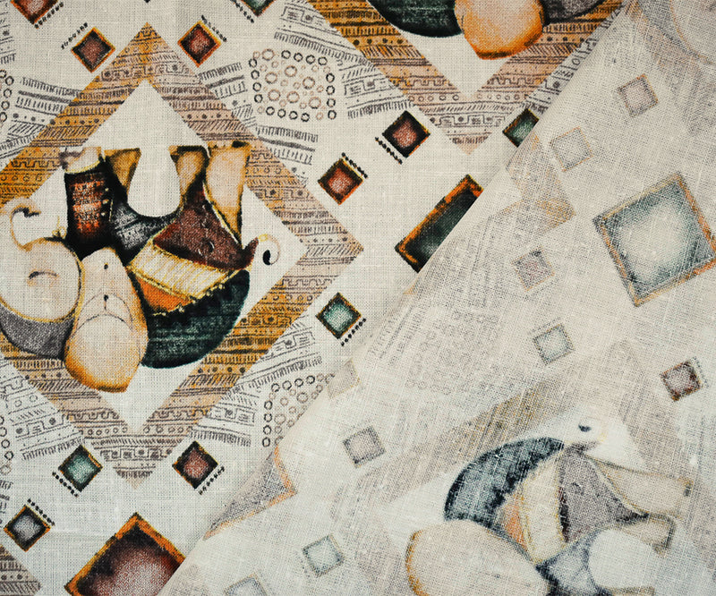White-Yellow-Multi Elephant Diamond Pattern Printed Linen Woven Fabric