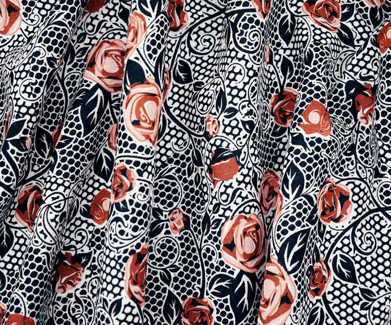Navy-Peach-Orange Floral Mesh Pattern Printed Linen Woven Fabric
