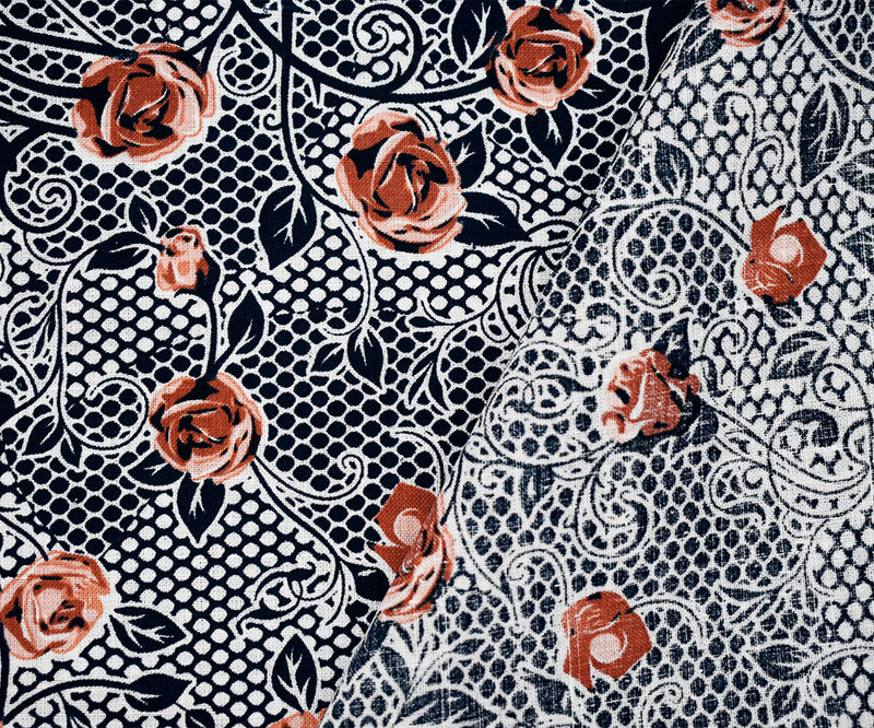 Navy-Peach-Orange Floral Mesh Pattern Printed Linen Woven Fabric
