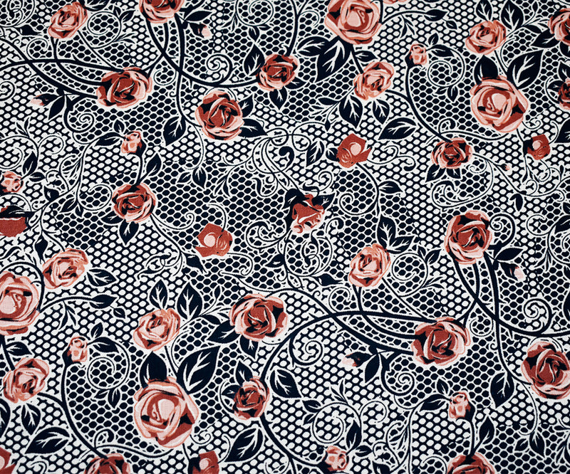 Navy-Peach-Orange Floral Mesh Pattern Printed Linen Woven Fabric