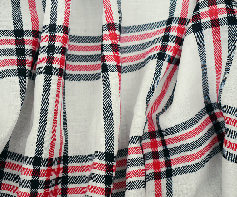 White-Navy-Red Plaid Printed Linen Woven Fabric
