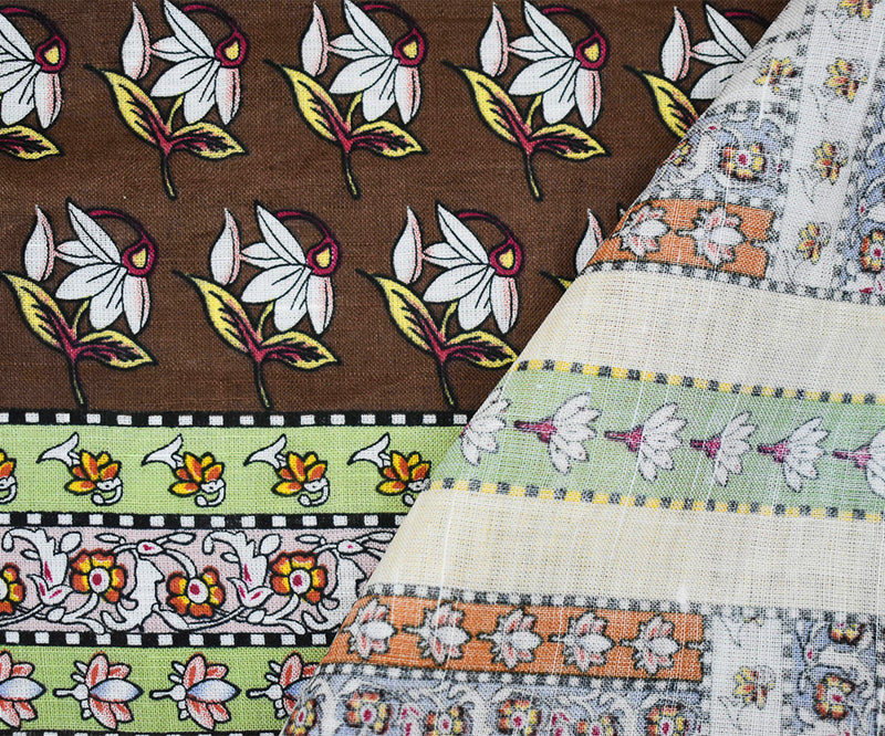 Yellow-Brown-Multi Floral Bandana Pattern Printed Linen Woven Fabric