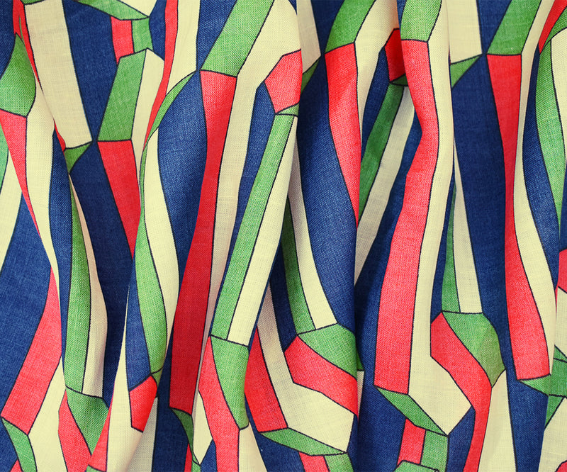 Red-Blue-Beige 3D Geometric Pattern Printed Linen Woven Fabric