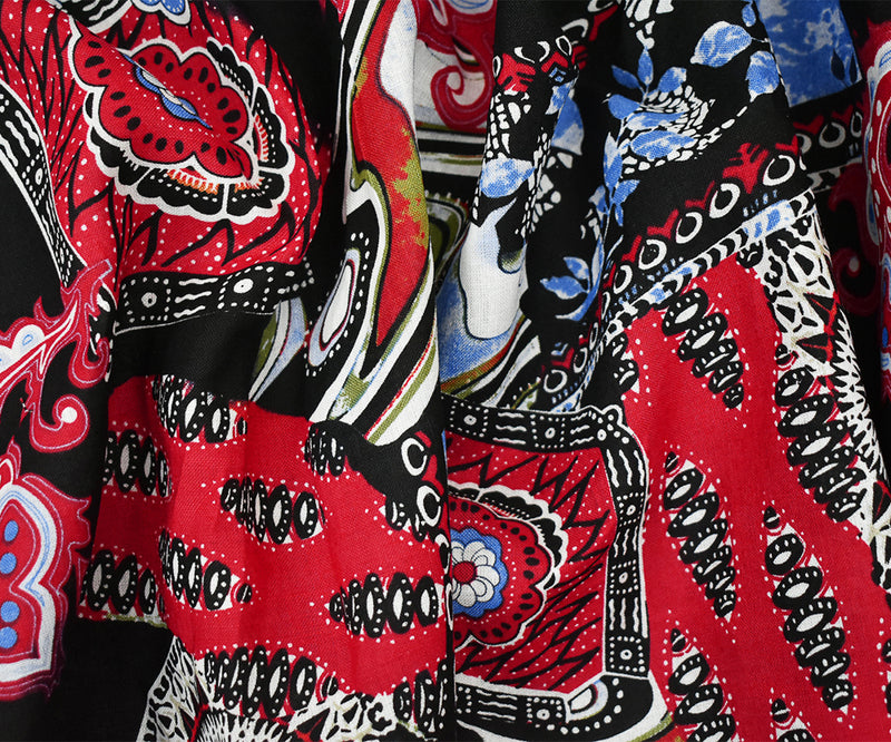 Black-Red-Blue Abstract Tribal Pattern Printed Linen Woven Fabric