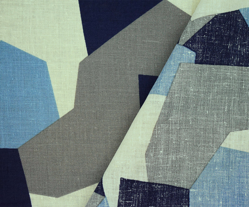 Blue-Gray-Multi Abstract Geomtric Printed Linen Woven Fabric