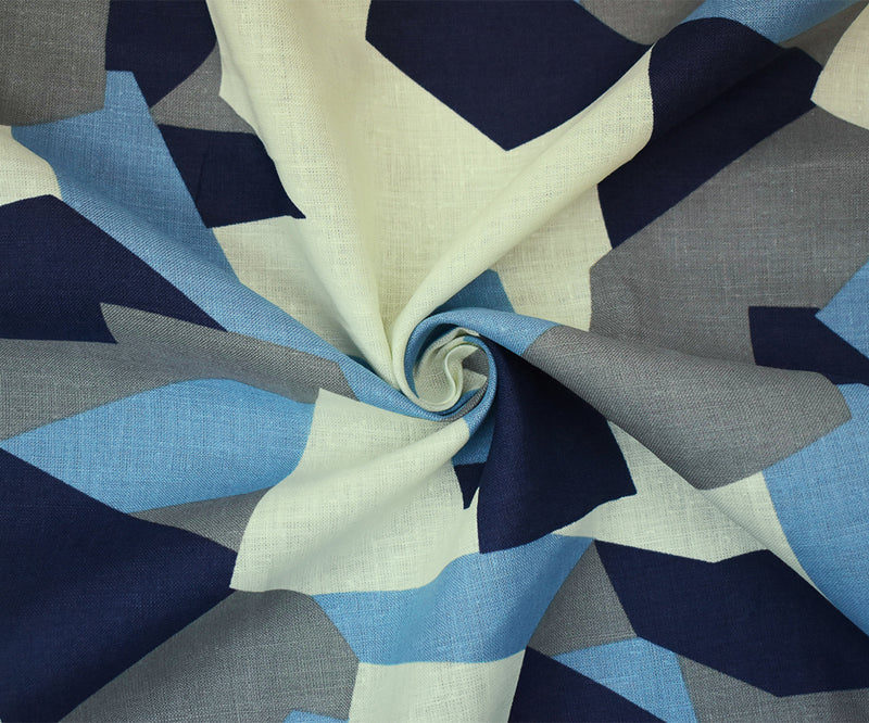 Blue-Gray-Multi Abstract Geomtric Printed Linen Woven Fabric