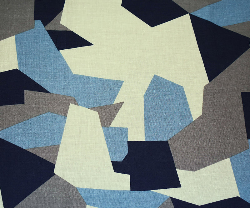 Blue-Gray-Multi Abstract Geomtric Printed Linen Woven Fabric