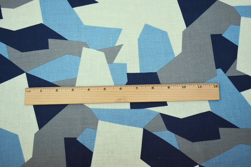 Blue-Gray-Multi Abstract Geomtric Printed Linen Woven Fabric