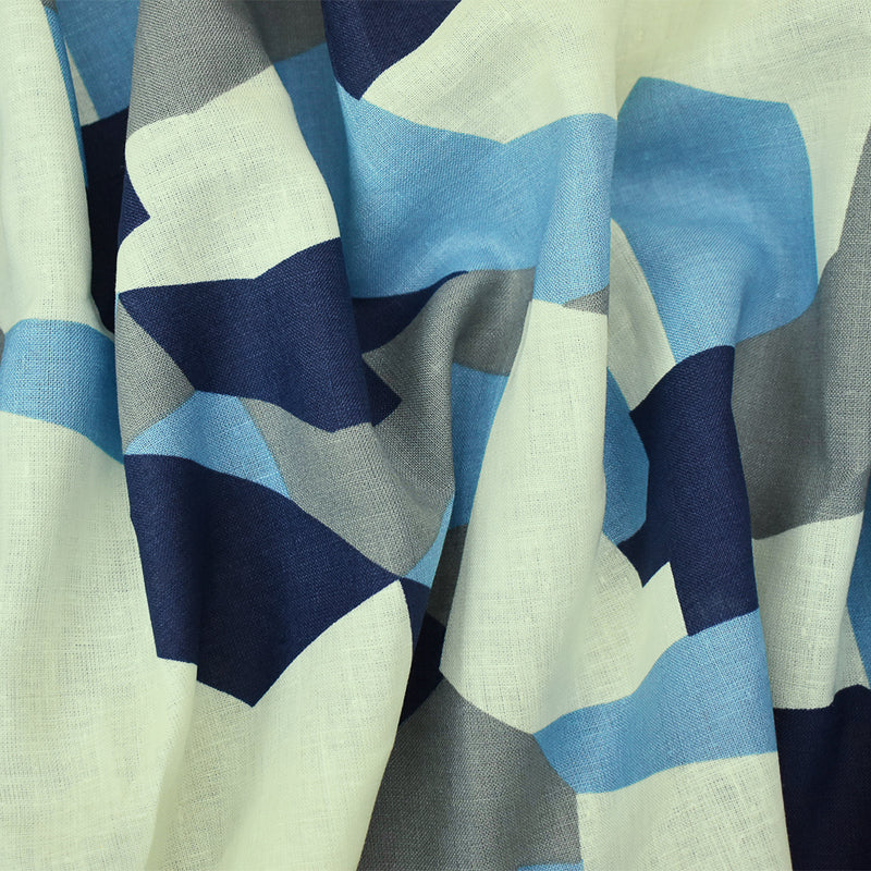 Blue-Gray-Multi Abstract Geomtric Printed Linen Woven Fabric