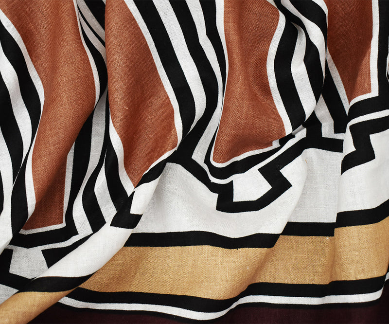 Brown-Beige-Multi Abstract Aztec Pattern Printed Linen Woven Fabric