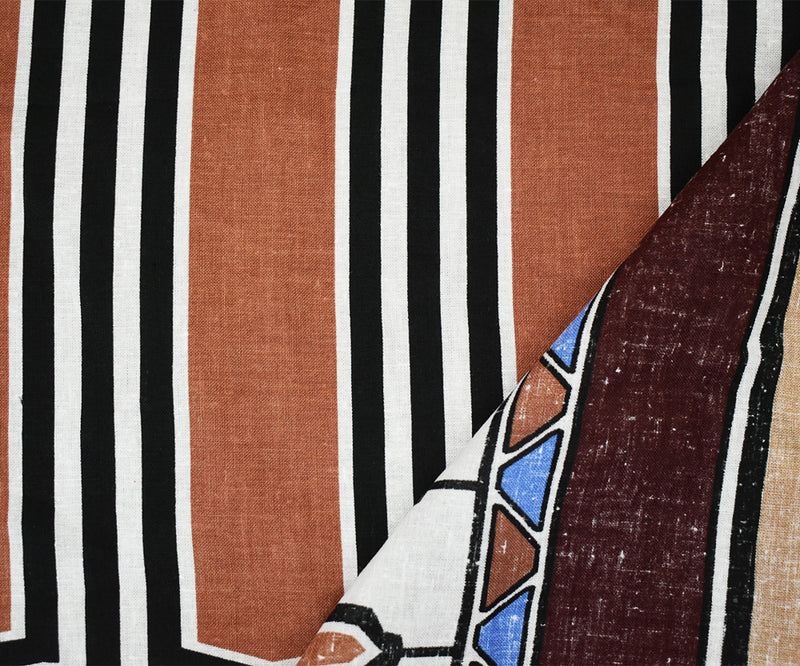 Brown-Beige-Multi Abstract Aztec Pattern Printed Linen Woven Fabric