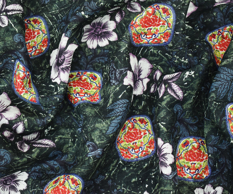 Navy-Purple-Multi Floral and Tile Pattern Printed Linen Woven Fabric