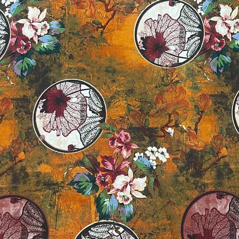 Orange-Red-Multi Floral Circle Art Printed Linen Woven Fabric