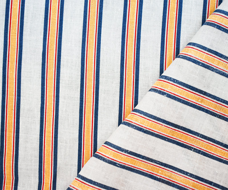 Blue-Red-Yellow Stripe Printed Linen Woven Fabric