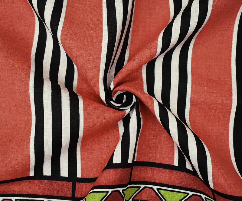 Coral Red-Black-Multi Aztec Pattern Printed Linen Woven Fabric