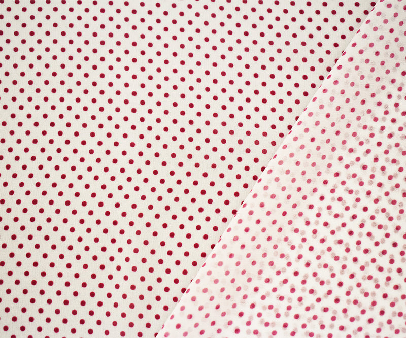 White-Red Polka Dots Printed Poly Chiffon Woven Fabric