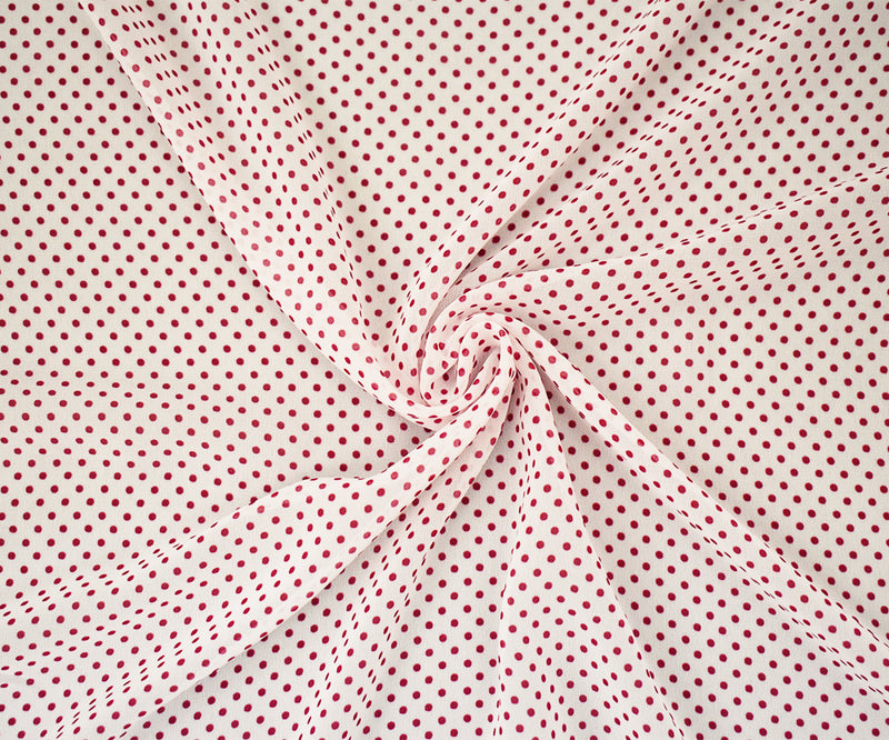White-Red Polka Dots Printed Poly Chiffon Woven Fabric