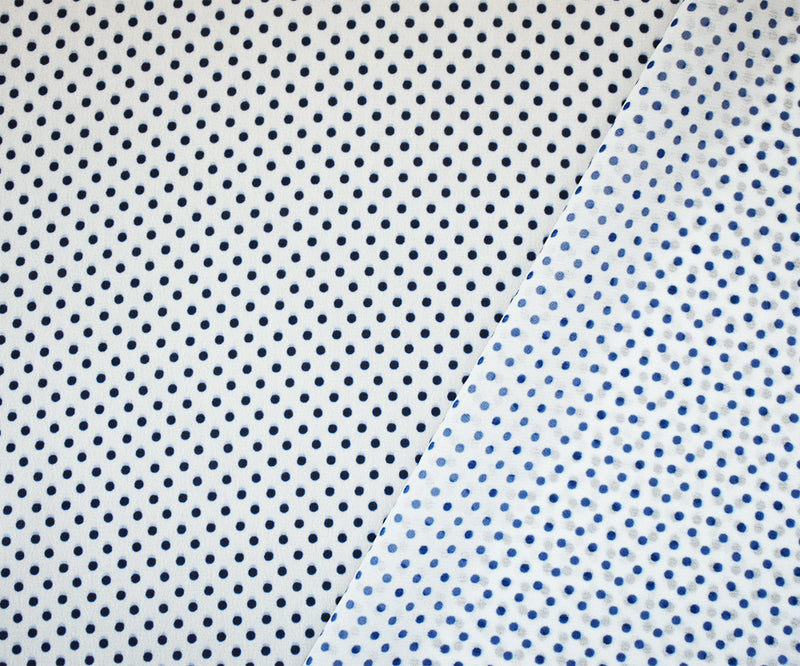Blue-White Polka Dots Printed Poly Chiffon Woven Fabric