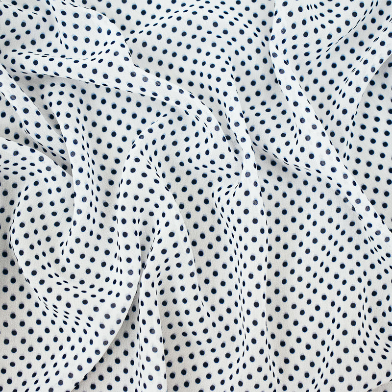 Blue-White Polka Dots Printed Poly Chiffon Woven Fabric