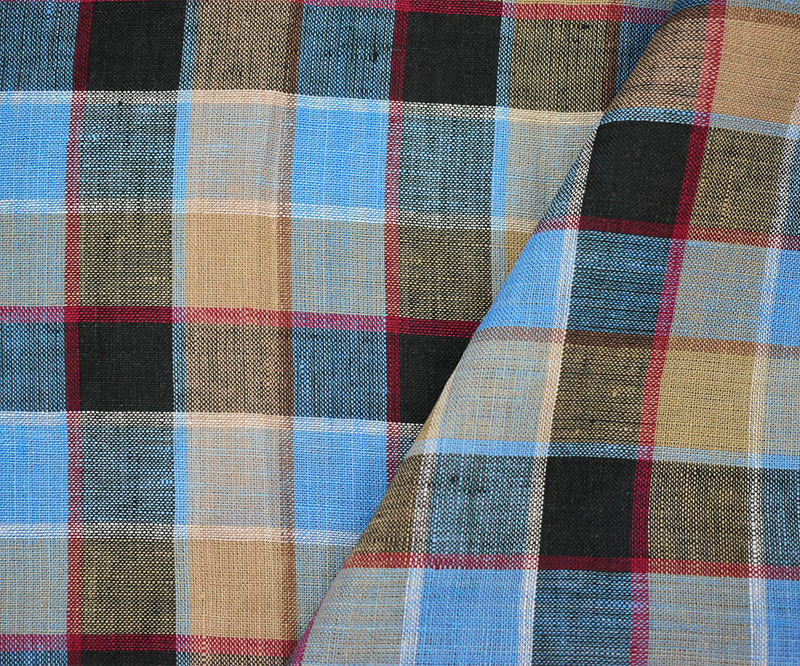 Blue-Beige-Multi Check Linen Woven Fabric