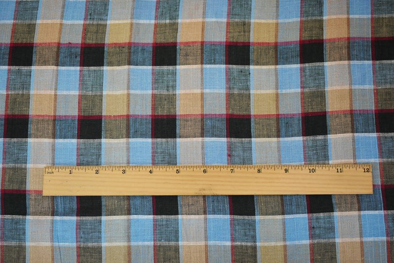 Blue-Beige-Multi Check Linen Woven Fabric