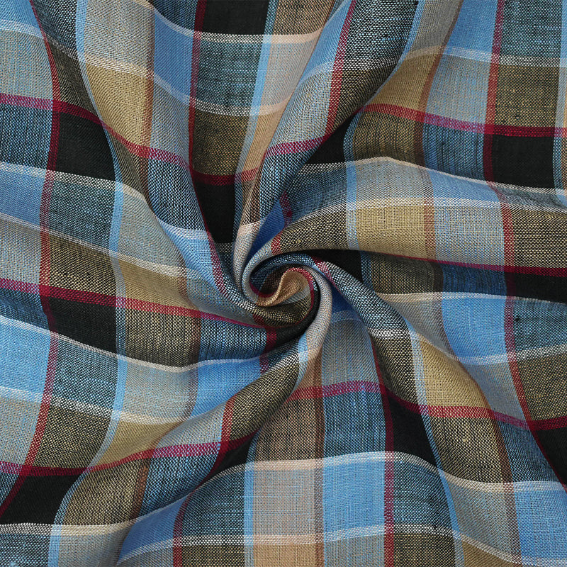 Blue-Beige-Multi Check Linen Woven Fabric