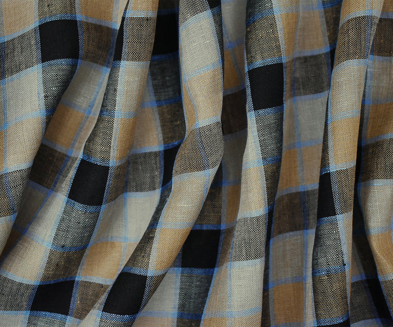 Beige-Black-Blue Check Linen Woven Fabric