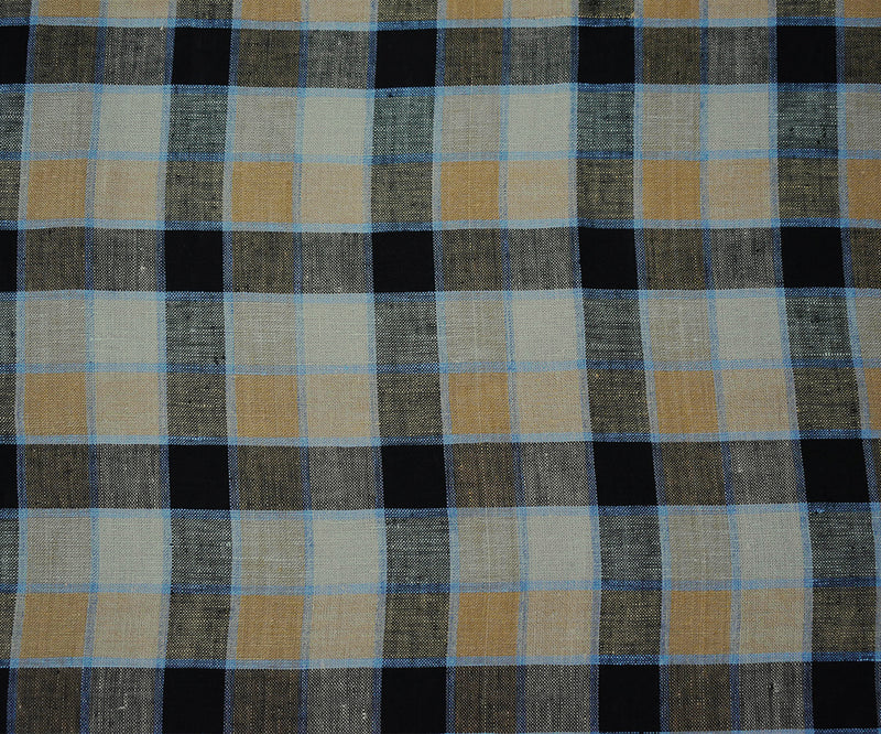 Beige-Black-Blue Check Linen Woven Fabric