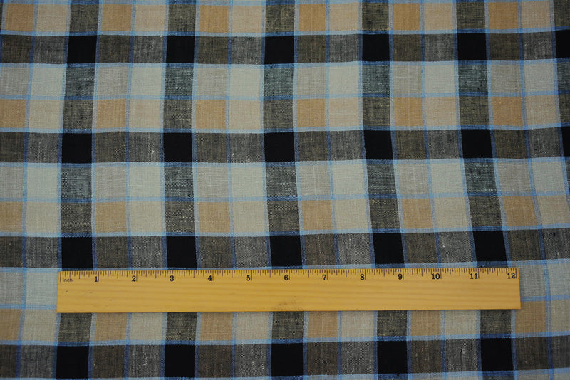 Beige-Black-Blue Check Linen Woven Fabric