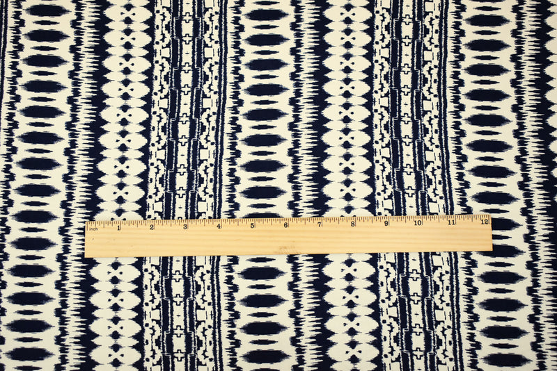 Blue-Ivory Ikat Striped Printed Rayon Challis Woven Fabric