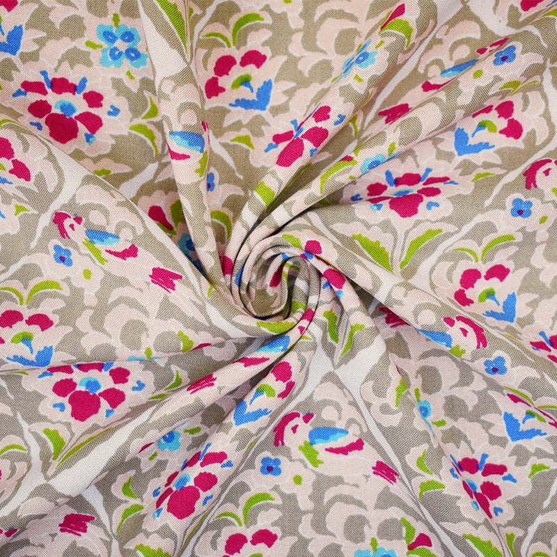 Beige-Pink-Multi Floral Tile Printed Rayon Challis Woven Fabric