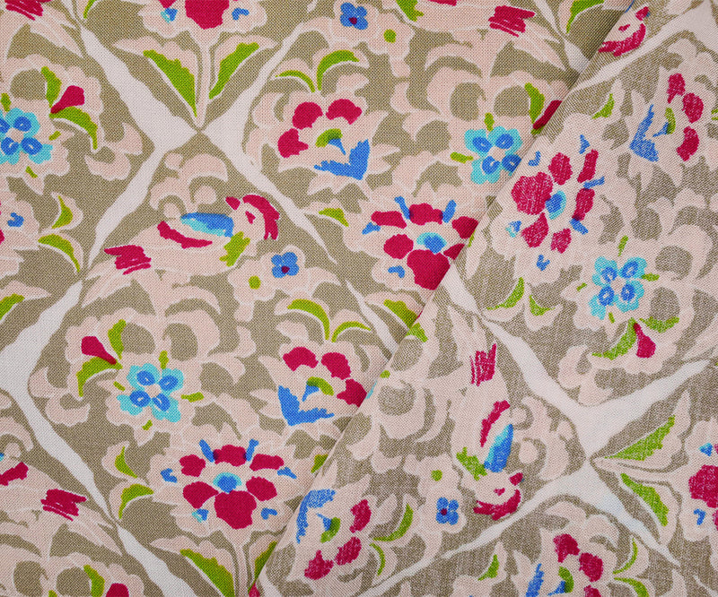 Beige-Pink-Multi Floral Tile Printed Rayon Challis Woven Fabric