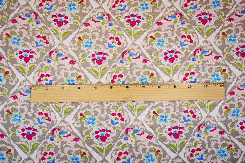 Beige-Pink-Multi Floral Tile Printed Rayon Challis Woven Fabric