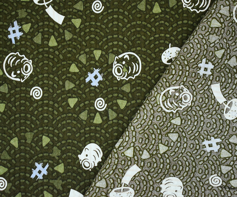Green-Blue-Multi Abstract Pig Art Printed Crinkled Cotton Shirting Woven Fabric