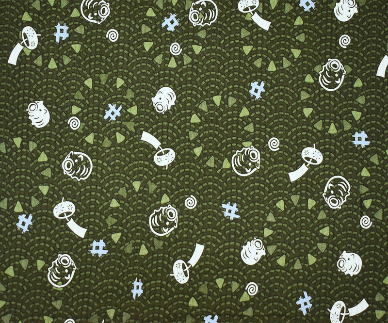 Green-Blue-Multi Abstract Pig Art Printed Crinkled Cotton Shirting Woven Fabric