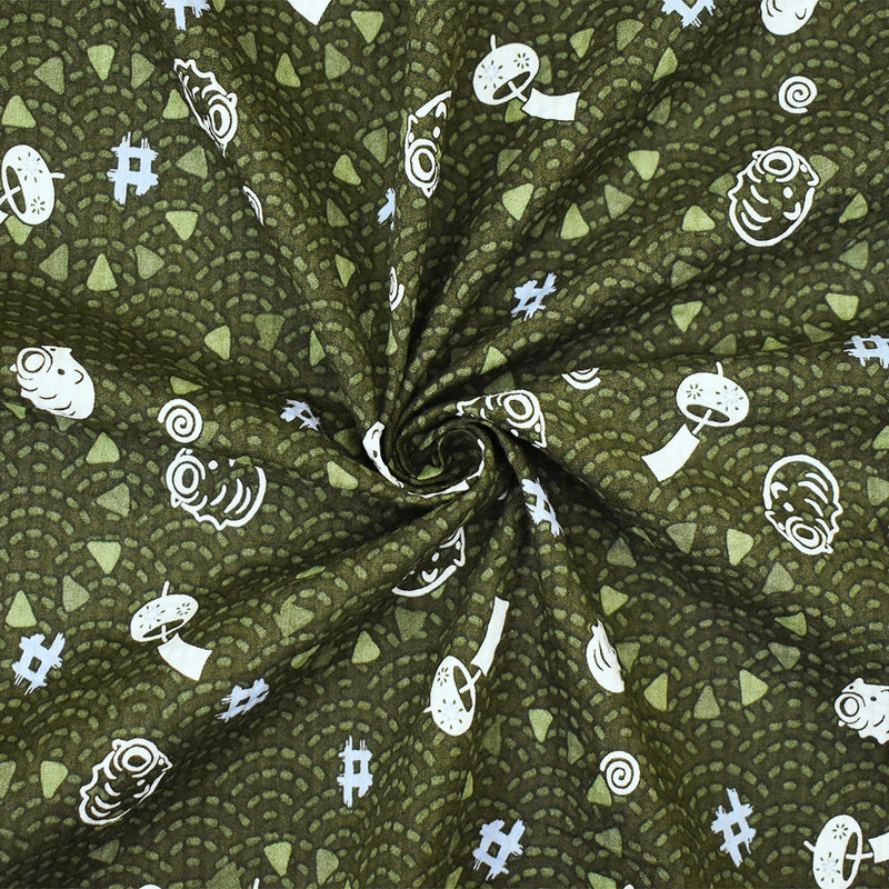 Green-Blue-Multi Abstract Pig Art Printed Crinkled Cotton Shirting Woven Fabric
