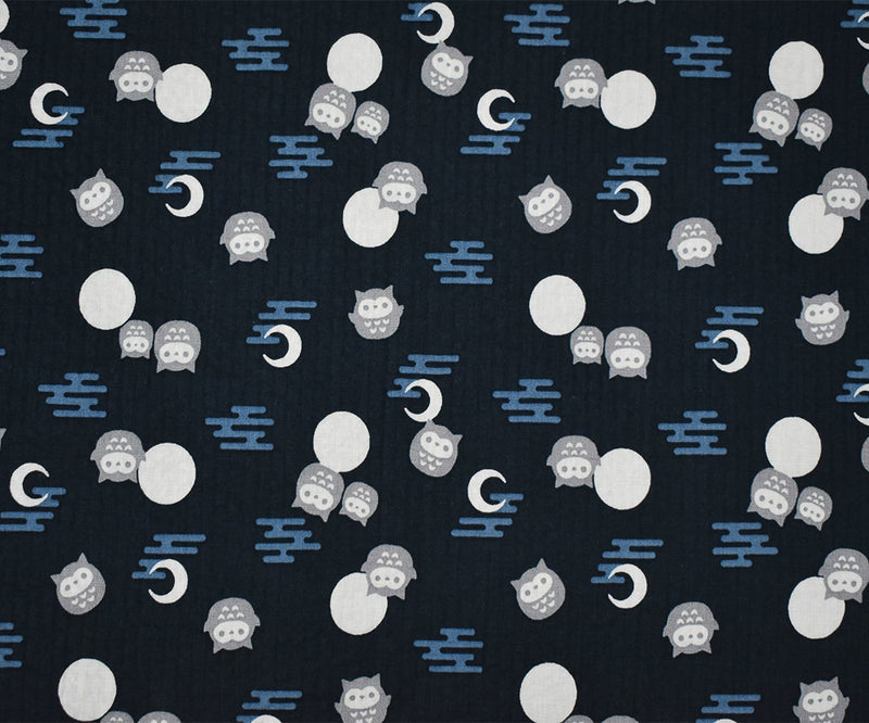 Deep Blue-Gray-Multi Owl Moon Printed Crinkled Cotton Shirting Woven Fabric
