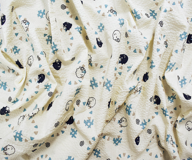 Ivory-Navy-Multi Japanese Cotton Abstract Pig Printed Plisse Woven Fabric