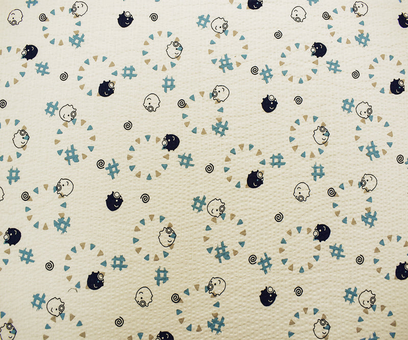 Ivory-Navy-Multi Japanese Cotton Abstract Pig Printed Plisse Woven Fabric