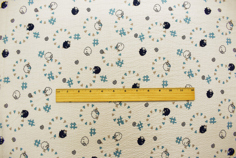 Ivory-Navy-Multi Japanese Cotton Abstract Pig Printed Plisse Woven Fabric