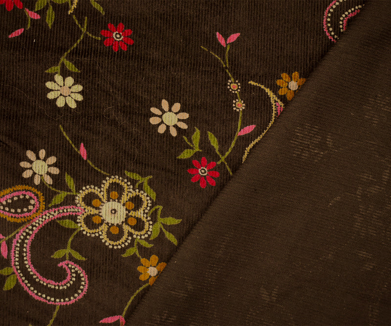 Brown-Pink-Multi Cotton Paisley Floral Printed Corduroy Woven Fabric