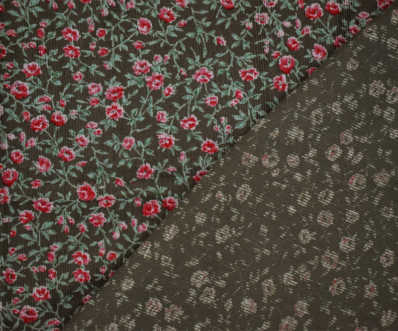 Brown-Red-Green Cotton Floral Corduroy Woven Fabric